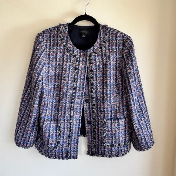 Ann Taylor Plaid Tweed Blazer Blue Fringe Hem Button Front Long Sleeve Sz 10 - Picture 1 of 7
